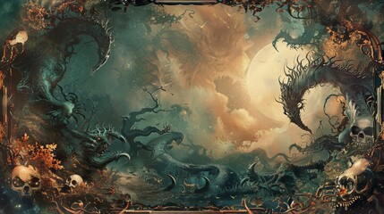 A fantastical, eerie landscape under an ominous sky, with monstrous, twisted plants and scattered skulls, creating a surreal, nightmarish visual of otherworldly desolation.