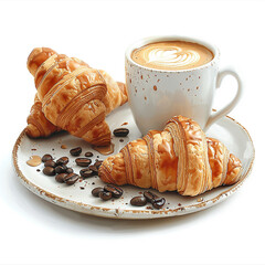 Coffee and Croissant Breakfast Setting on Floral Table and some coffee seeds. generated by AI