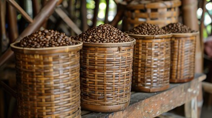 Coffee beans stored in bamboo container