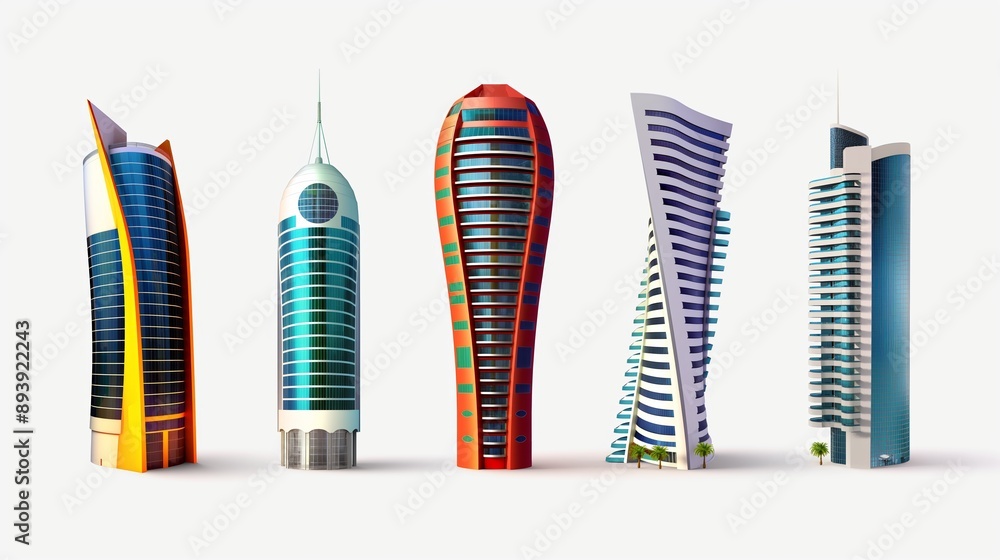 Poster a row of five tall buildings with different shapes and colors. the buildings are all different sizes