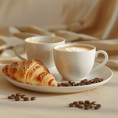 Coffee and Croissant Breakfast Setting on Floral Table and some coffee seeds. generated by AI