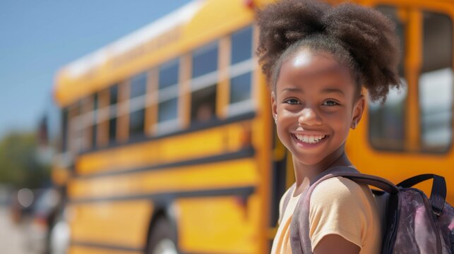 Happy black girl with backpack in front of yellow school bus on sunny day. Concept of back to school