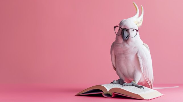 White parrot in glasses reading book on pink studio background with copy space, concept of school education and knowledge