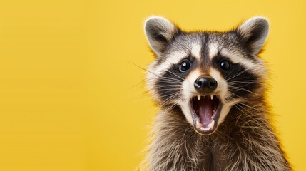 Shocked raccoon with opened mouth and big eyes, portrait on yellow studio background with free space. Concept of surprising offer, news