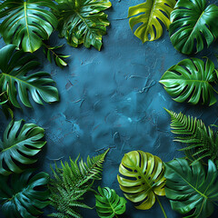 Green leaves creating a natural border on a plain teal colored background. AI