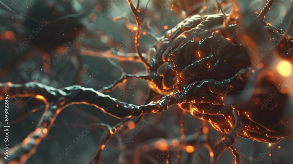 Poster intricate network of bright red glowing synapses, suggesting advanced brain connections and cognitiv