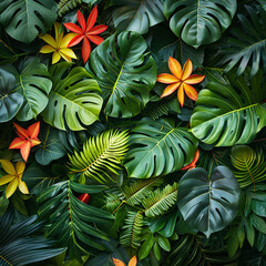 Green leaves creating a natural border on a plain teal colored background. AI