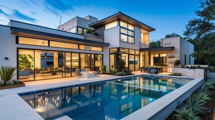 Fototapeta premium Contemporary home with landscaped garden and stylish pool under clear blue sky in a modern setting