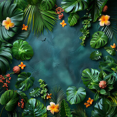 Green leaves creating a natural border on a plain teal colored background. AI