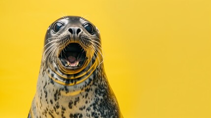 Funny shocked seal with opened mouth and big eyes, portrait over yellow background with copy space, for amazing news and offers promotion