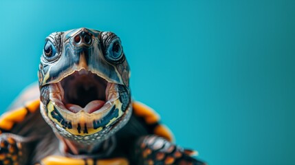 Cute turtle with announcing wow news or offer with opened mouth on blue studio background with copy space, for funny promotion
