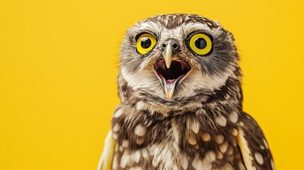 Cute shocked owl with opened mouth and big eyes, portrait against yellow studio background with free space, for funny bright promotion