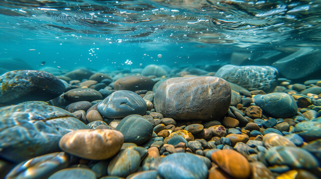 underwater photography, smooth river rocks 
