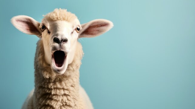 Funny shocked sheep reacting to surprising news or offer, with opened mouth and big eyes, portrait on blue studio background with copy space - Powered by Adobe