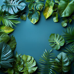 Green leaves creating a natural border on a plain teal colored background. AI
