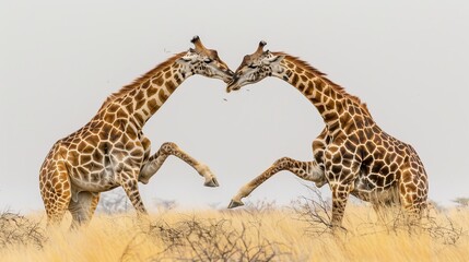 Obraz premium Two giraffes are captured in a lively fight scene amidst a grassland setting, displaying the unique behavior of these tall creatures and their interaction in the wild.