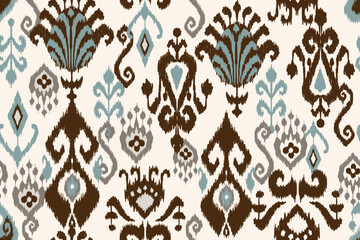 Ikat seamless pattern, geometric design, motif ethnic handmade, Ikat ethnic tribal, boho colors seamless wallpaper. Ethnic Ikat abstract background art, greeting cards, printing products