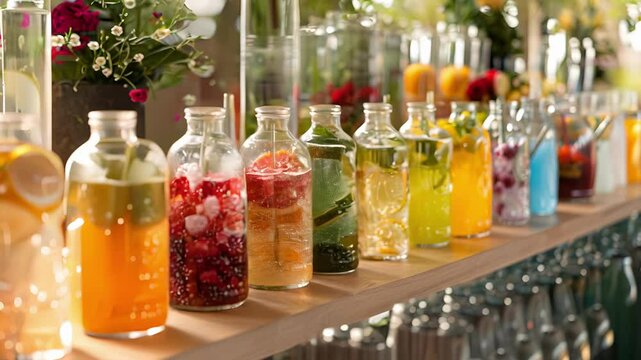 An assortment of drinks and beverages displayed at a selfserve station including sodas juices and iced teas.