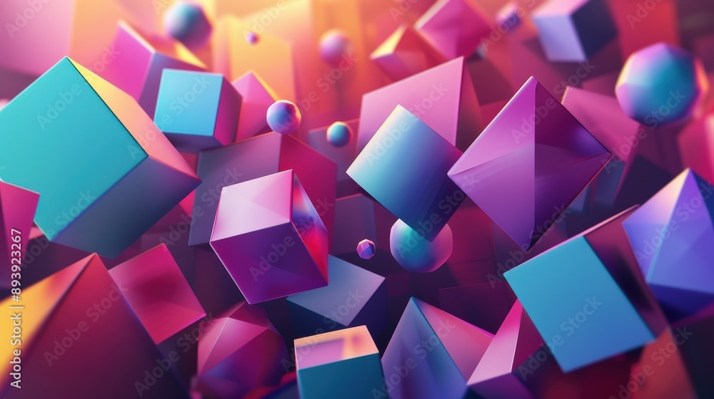 Poster a digital illustration featuring a collection of abstract geometric shapes rendered in bright, satur