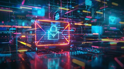 Neon lit cybersecurity scene  encrypted email concept with padlock symbol on digital network