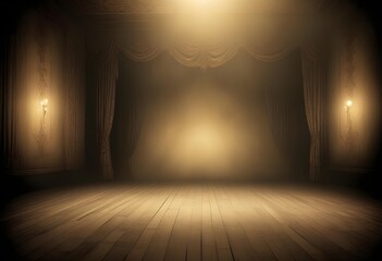 Dark empty theater stage with dark velvet curtains, empty seats, spotlights illuminating the set, wooden floor, stairs, columns, 