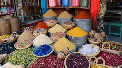 Traditional Moroccan Spice Market with Colorful Spices, Handmade Goods, and Vibrant Textures - High-Quality Adobe Stock Image of Moroccan Cuisine, Culture, and Heritage with Exotic and Diverse Spices