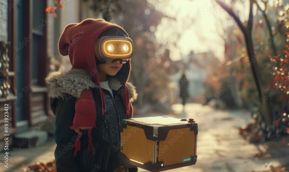 Poster a whimsical delivery robot with a friendly face delivers a package to a curious child, sparking a mo
