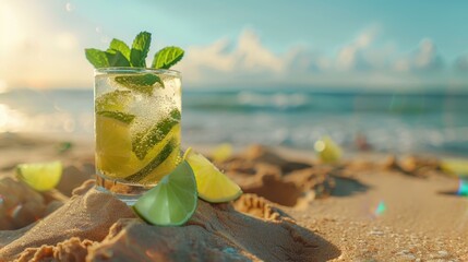 Beachside refreshment with ice cubes, lime and mint.