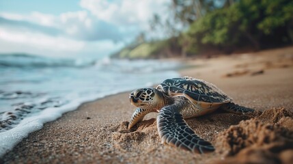 Obraz premium A close-up of a sea turtle on a sandy beach with ocean waves in the background, capturing the beauty of marine life and coastal scenery in natural sunlight at daytime.