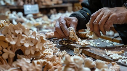 A close-up of a woodcarver's hands at work. The woodcarver is carefully carving a flower design into a piece of wood.