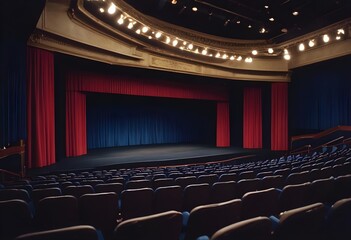 Fototapeta premium Dark red and blue empty theater stage with dark velvet curtains, empty seats, spotlights illuminating the set, wooden floor, stairs, columns, 