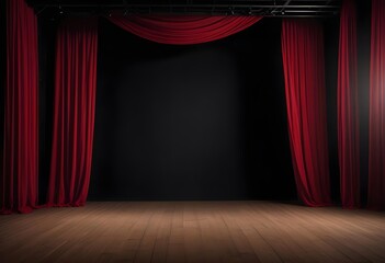 Fototapeta premium Dark empty theater stage with dark curtains, empty seats, spotlights illuminating the set, wooden floor, stairs, columns, 