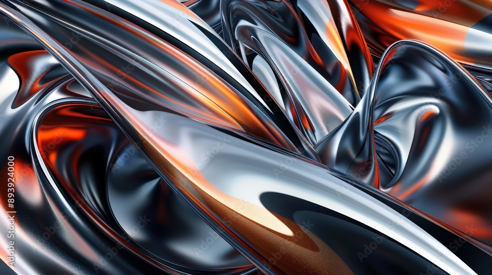 Poster abstract metallic shapes swirl and blend, creating a dynamic and colorful composition