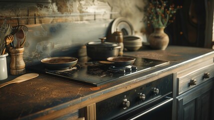 Rustic kitchen with cookware and utensils on stove. Cozy home interior for vintage and culinary design.