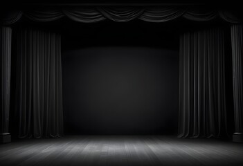 Dark empty theater stage with dark curtains, empty seats, spotlights illuminating the set, wooden floor, stairs, columns, 