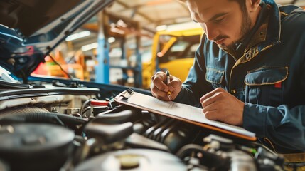 A mechanic is inspecting a car engine and writing on a clipboard. He is wearing a blue uniform and a beard. The car is on a lift in a garage.