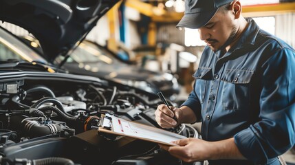 A mechanic wearing a blue uniform and cap is inspecting a car engine and writing on a clipboard.
