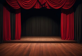 Fototapeta premium Dark red empty theater stage with dark curtains, empty seats, spotlights illuminating the set, wooden floor, stairs, columns, 