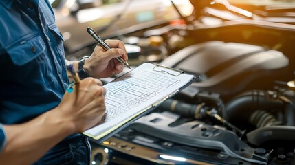 A mechanic is inspecting a car engine and writing on a clipboard. He is wearing a blue uniform and the car is in a garage.