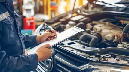 A mechanic is inspecting a car engine and writing on a clipboard. He is wearing a blue uniform and the car is in a garage.