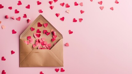 Overflowing love letter envelope with paper hearts on pink background