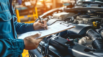A mechanic is inspecting a car engine and writing on a clipboard. He is wearing a blue uniform and the car is in a garage.