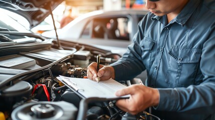 A mechanic is inspecting a car engine and writing on a clipboard. He is wearing a blue uniform and the car is on a lift.