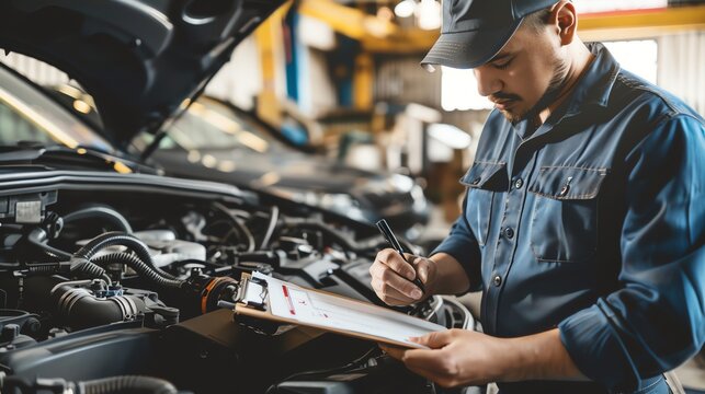 A mechanic wearing a blue uniform and cap is inspecting a car engine and writing on a clipboard.