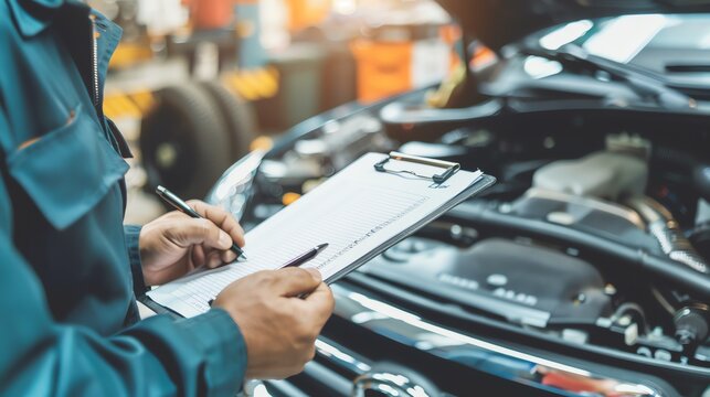 A mechanic wearing blue coveralls is inspecting a car engine and writing on a clipboard.