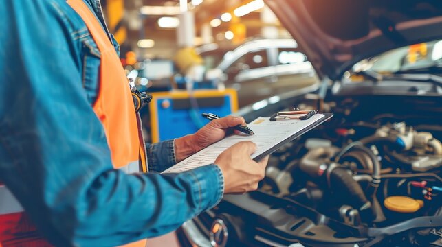A mechanic wearing a blue jumpsuit and an orange vest inspects a car engine and writes something on a clipboard.