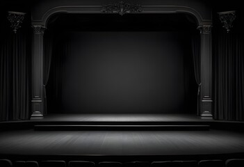 Fototapeta premium Dark empty theater stage with dark curtains, empty seats, spotlights illuminating the set, wooden floor, stairs, columns, 