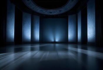 Dark empty theater stage with dark curtains, empty seats, spotlights illuminating the set, wooden floor, stairs, columns, 