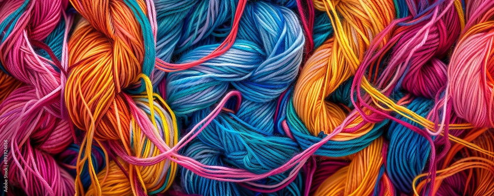 Poster colorful tapestry of intersecting yarn lines, creating a complex, vibrant mosaic effect