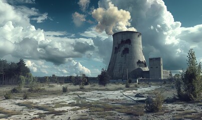 A derelict nuclear power plant crumbles, releasing a cloud of radioactive fallout that contaminates the surrounding landscape